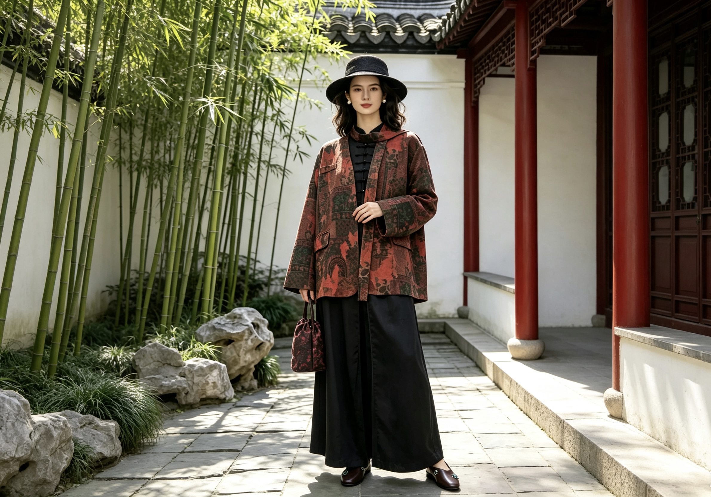 恺开女装立领外套立于中式庭院